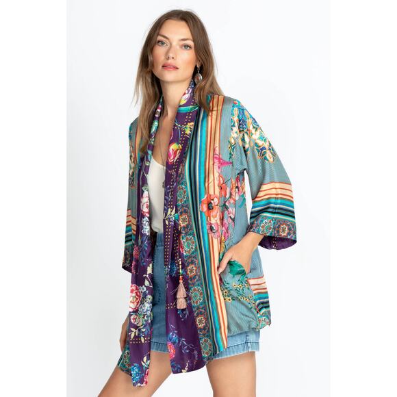 New Johnny Was Weller Topiary Hunter Kimono Purple Floral Reversible Tie Sz S - Picture 3 of 12